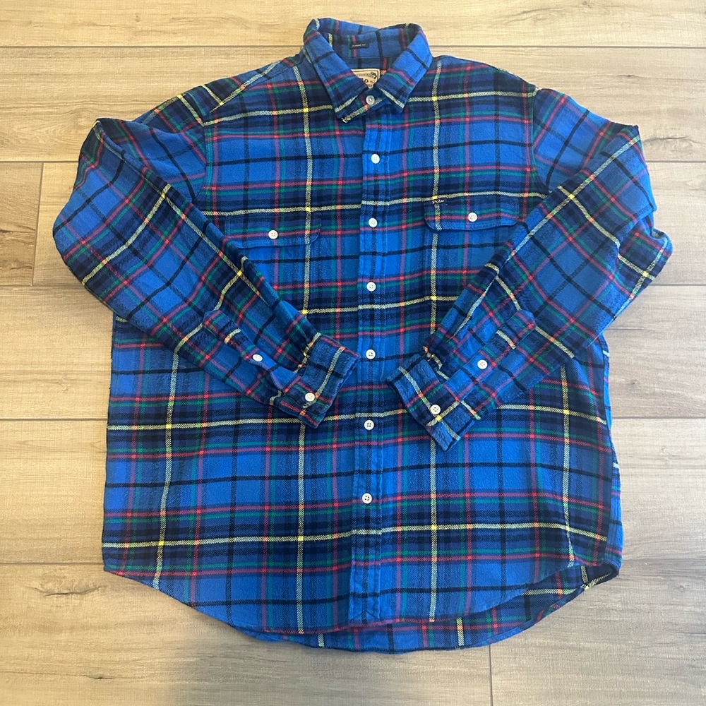 Ralph Lauren Blue Plaid Button-Down Shirt with Red & Yellow Accents
